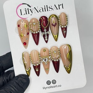 Red & Gold Royal Theme Long Stiletto Press On Nail - Luxurious Christmas and Holiday Nail Art, 3D Gel Winter Nails Design