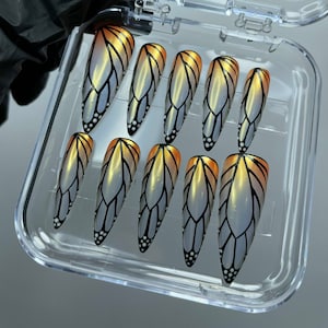 Gold & Black Butterfly Inspired Long Almond Press On Nails, Custom Handpainted Fake Nails, Design Nails Art for Birthday Holiday Event