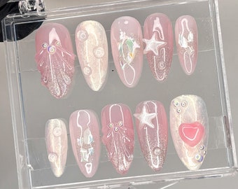 Hand-Painted Free-Style SeaShell 3D Summer Almond Press On Nails - Mermaid Inspired Nails Art for Prom, Events, and Birthdays