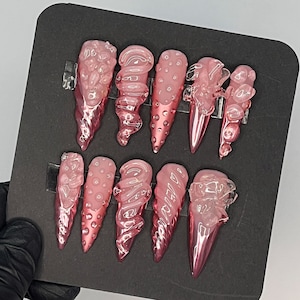 Pink Chrome French Tip 3D Gel XL Stiletto Press On Nails, Handpainted Fake/False Nail, Event/Birthday/Prom/Holiday Nails Art