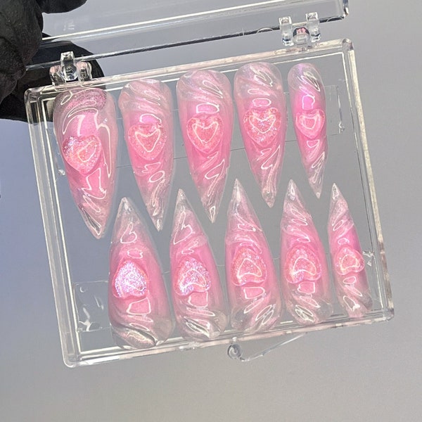 LNA0039 -Pink Heart Theme 3D Gel Long Stiletto Press On Nails, Handgemaakte aangepaste Fairy Core Nails, Kawaii Nails voor evenement verjaardag