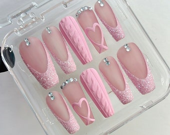 Pink French Tip with Heart Extra Long Coffin Press On Nails, Luxury Fake Nails, False Nails, Glue On Nails