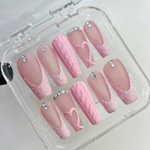 Pink French Tip with Heart Extra Long Coffin Press On Nails, Luxury Fake Nails, False Nails, Glue On Nails