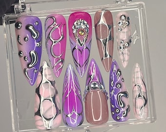 3D Metallic Silver on Purple Long Stiletto Press On Nails Goth, Chrome Aura Gothic Fake Nails, Emo Y2K Grunge Nails