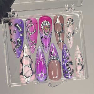 3D Metallic Silver on Purple Long Stiletto Press On Nails Goth, Chrome Aura Gothic Fake Nails, Emo Y2K Grunge Nails