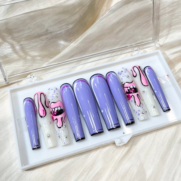 LNA0200 - Dripping Lip Purple Cartoon Look XXL Coffin Press On Nails, Custom Fake Nails, False Nails, Luxury Nail Art