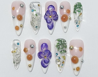 3D Dry Orchard Flower Long Almond Press On Nail, Custom Handpainted Acrylic Spring Fake/False Nail, Floral Nails