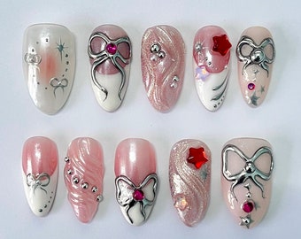 Freestyle 3D Short Almond Press On Nails, Colourful Cute Handpainted Fake Nails, Holiday Birthday Event Nails Art