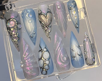 Free Style Blue Mermaid Almond Press On Nails, Handpainted Fake/False Nails, Prom/Event/Birthday Nails, Goth/Gothic/Y2K/Aura Nai