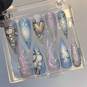 Free Style Blue Mermaid Almond Press On Nails, Handpainted Fake/False Nails, Prom/Event/Birthday Nails, Goth/Gothic/Y2K/Aura Nai