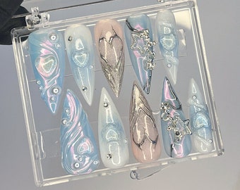 LNA0038 - Free Style Mermaid 3D Gel Blue Almond Press On Nails, Handpainted Fake/False Nail, Event/Birthday/Prom/Holiday Nails Art