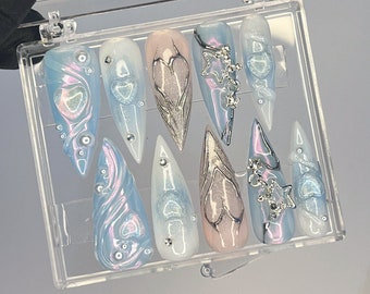 Free Style Mermaid 3D Gel Blue Almond Press On Nails, Handpainted Fake/False Nail, Event/Birthday/Prom/Holiday Nails Art
