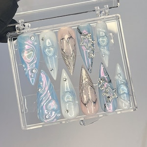 LNA0038 - Free Style Mermaid 3D Gel Blue Almond Press On Nails, Handpainted Fake/False Nail, Event/Birthday/Prom/Holiday Nails Art