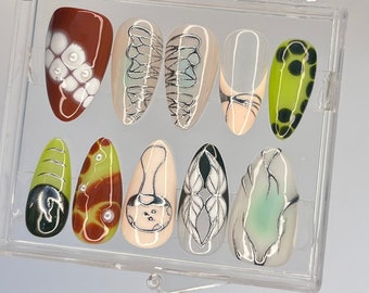 Fall Colour Short Almond Press On Nails Goth, Handpainted Acrylic Gothic Fake Nails, Y2K Emo Nails