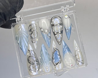 LNA0004 - Blue Mermaid with 3D Silver Butterfly Long Stiletto Press On Nails, Custom Fairy Core Fake Nails, Luxury Summer Vibe Nails