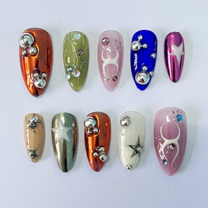 3D Freestyle Almond Goth Press On Nails, Handpainted Luxury Acrylic Gothic Fake Nails, Emo Y2K Style