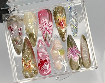 Longue pression 3D de fleurs d'amandier sèches sur l'ongle, faux/faux ongle de ressort acrylique peint à la main personnalisé, ongles floraux