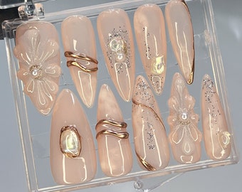 Hand-Painted 3D Flower Elegant with Gold Long Almond Press On Nails - Event, Birthday, Prom, and Holiday Nail Art