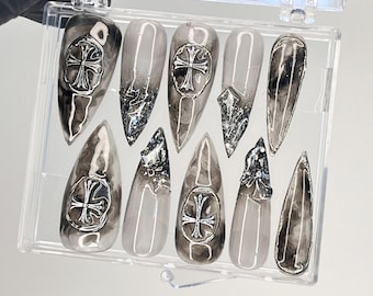 3D Metallic Chrome Silver Cross on Clear Black Luxury Stiletto Press On Nails,  Custom Handpainted Gothic Fake Nails, Y2K Nails