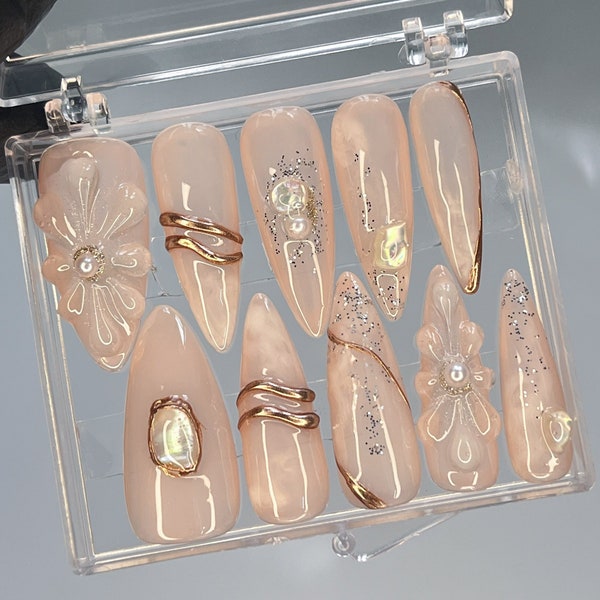 Hand-Painted 3D Flower Elegant with Gold Long Almond Press On Nails - Event, Birthday, Prom, and Holiday Nail Art