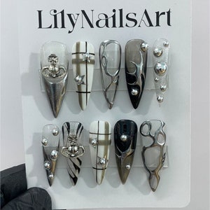 LNA0014 - Free Style Black Theme Metallic Silver Press On Nails Goth, Handpainted Gothic Fake Nails, Y2K Emo Chrome Nails