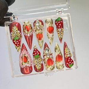 Strawberry Royal Long Stiletto Press On Nails, Handpainted Fake/False Nail, Event Birthday PromHoliday Nails Art