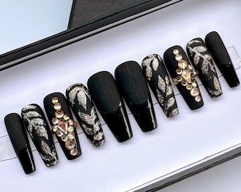 Sparkling Gold Glitter Leaves on Black Short Coffin Press On Nails, Custom Handpainted Rhinestone Luxury Acrylic Fake Nail Art