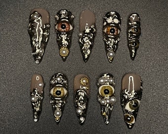 Horror Eyes Gothic/Emo Long Stiletto Press On Nail, Halloween/Cosplay/Carnival Nails Art, Handpainted Fake Nail, Reusable Gel Nail