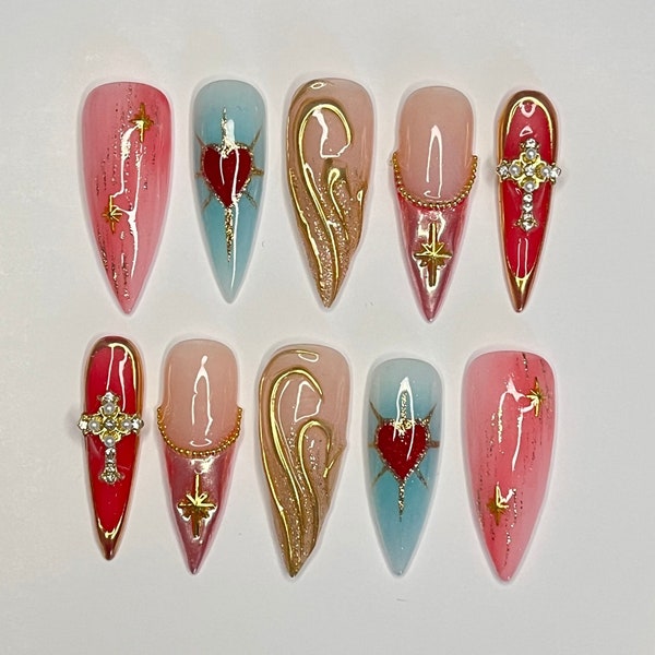 Chic Almond-Shaped Press-On Nails with Elegant Red Heart and French Tip Cross Design - Perfect for Holidays, Vacations, or Gifts for Her