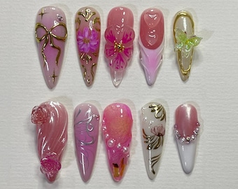 Secret Garden Long Almond Flowers Press On Nails, Fairy Tale Inspired Fake Nails, Birthday Holiday Nails Art, Gifts for Her