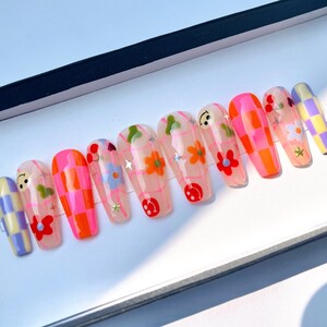 LNA0013 - Colorful Checkered and Flower, Funface On Almond Press On Nail, Custom Handpainted Fake/False Nail, Floral Nails, Spring Nails