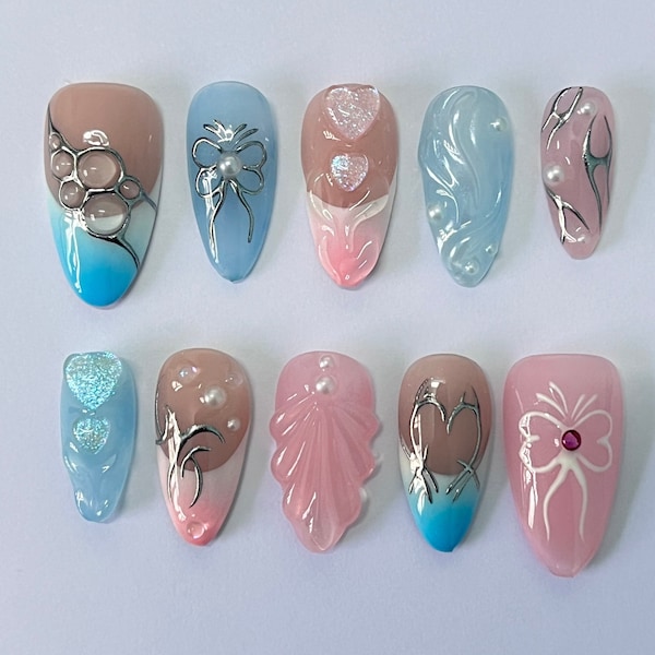 Weiße französische Spitze mit 3D Gel Bogen Lange Almond Press On Nägel, handbemalte Fairy Core Nägel, Abschlussball/Event/Geburtstagsnägel, Luxus Nail Art