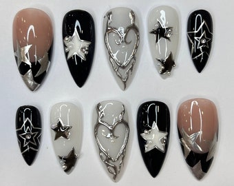 Freestyle Silver Stars Press On Nails, Elegant Fake Nails, Chrome Nails Art, Birthday Party Holiday Nails/ Valentine Nail Set
