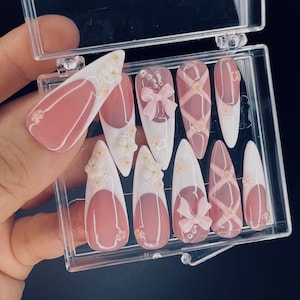 Blush Pink Ballerina 3D Gel Long Stiletto Press On Nails, Cute Design Fake Nails, Elegance Nail Art for Birthday, Holiday, Party, Event