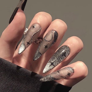 Black Stars Press On Nails, Black Coffin Nails, Custom Fake Nails, Handpainted False Nails, Trendy Glue on Nails, Luxury Nail Art