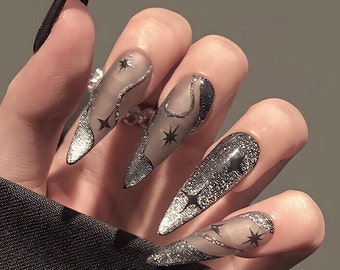 Black Stars Press On Nails, Black Coffin Nails, Custom Fake Nails, Handpainted False Nails, Trendy Glue on Nails, Luxury Nail Art