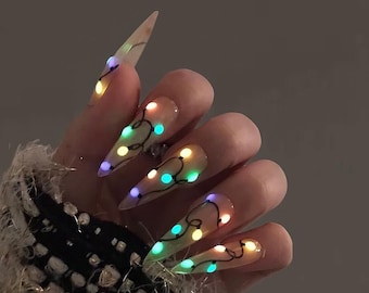 Colorful Lights Glow-In-The-Dark Christmas Long Stiletto Press On Nail - Luxurious XMas and Holiday Nail Art