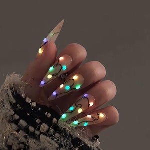 Colorful Lights Glow-In-The-Dark Christmas Long Stiletto Press On Nail - Luxurious XMas and Holiday Nail Art