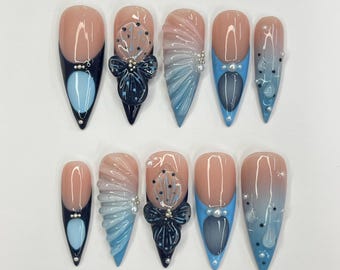 Unha de gel 3D com ponta francesa azul, unha longa de pressão, design personalizado, unha postiça para aniversário, unha de Natal, presente para ela