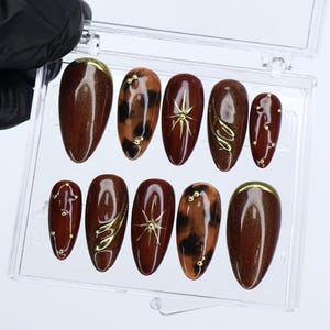 May include: A set of ten almond-shaped false nails in a clear plastic case. The nails feature a variety of designs, including solid brown, gold accents, and leopard print patterns. Some nails have gold starburst or swirl designs.