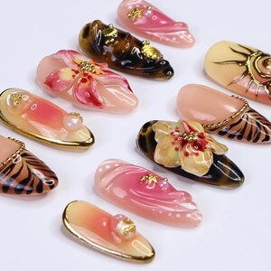 Summer Press on Nails with Sun & Gold Detail | 3D Floral Fake Nails in Medium Almond | Handmade Ocean Nail Art for Holiday, Vacation, Party