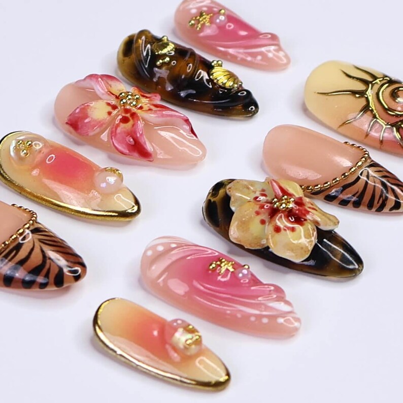 Summer Press on Nails with Sun & Gold Detail | 3D Floral Fake Nails in Medium Almond | Handmade Ocean Nail Art for Holiday, Vacation, Party