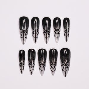 Spider Web Long Stiletto Halloween Press On Nails, Witchy Fake Nails Art for Spooky Season