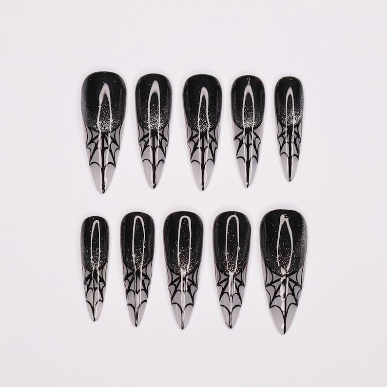 Spider Web Long Stiletto Halloween Press On Nails, Witchy Fake Nails Art for Spooky Season