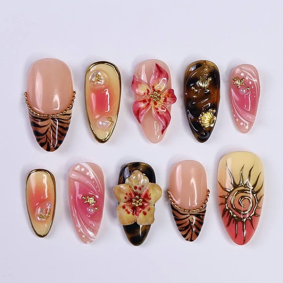 Summer Press on Nails with Sun & Gold Detail | 3D Floral Fake Nails in Medium Almond | Handmade Ocean Nail Art for Holiday, Vacation, Party