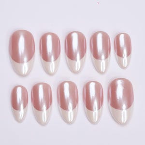 Minimal Press on Nails Pearl Shine with White French Tip | Everyday Fake Nail Arts in Short Almond | Handmade Nail Art for Holiday, Birthday