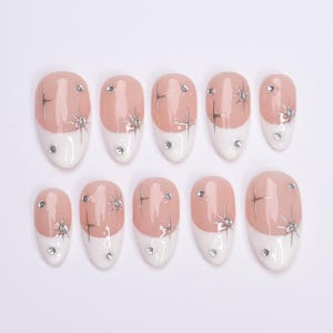 Minimal Press on Nails Silver Stars with White French Tip | Everyday Fake Nail Art in Short Almond | Handmade Nail Art for Holiday, Birthday