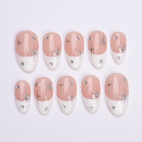 Minimal Press on Nails Silver Stars with White French Tip | Everyday Fake Nail Art in Short Almond | Handmade Nail Art for Holiday, Birthday