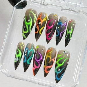 Colorful Flaming Long Stiletto Press on Nails, Handpainted Aura Fake ...