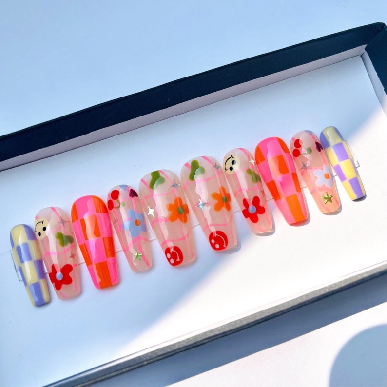 LNA0013 - Colorful Checkered and Flower, Funface On Almond Press On Nail, Custom Handpainted Fake/False Nail, Floral Nails, Spring Nails